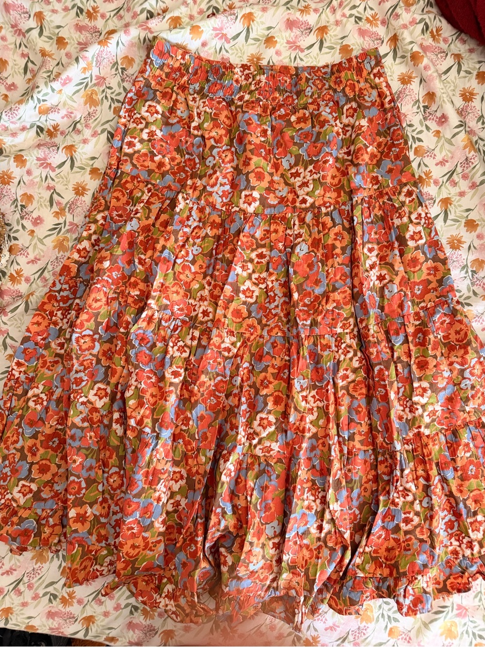 House of Harlow 1960 Orange Floral Tiered Midi Skirt with Blue Accents - Picture 3 of 3